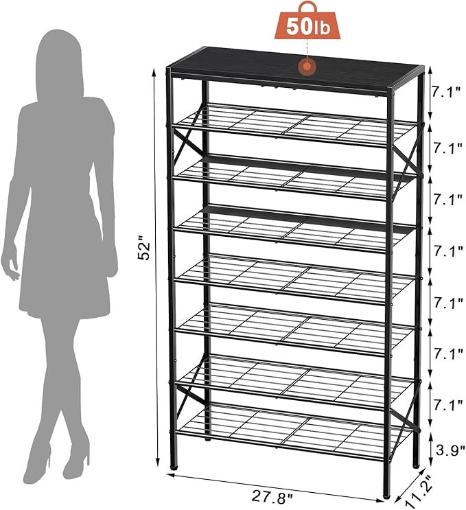8-Tier Tall Shoe Rack Organizer Shoe Storage for Entryway 24-32 Pairs Metal Shoe Rack for Closet Heavy-Duty Shoe Rack with Wooden Top Shelf for Garage Black