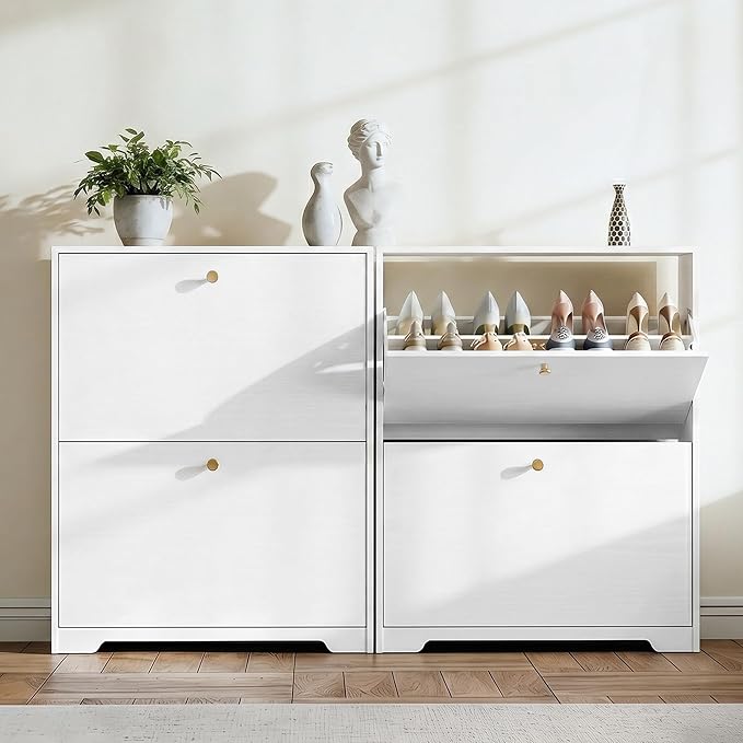 Nicetree Shoe Cabinet with 2 Flip Drawers, Narrow Shoe Organizer Cabinet, Freestanding Shoe Rack Cabinet, Modern Shoe Storage Cabinet for Entryway, Hallway, Foyer, White with Hook