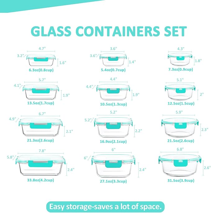 KOMUEE 24 Pieces Glass Food Storage Containers Set, Meal Prep Containers, BPA-Free Airtight Glass Storage Containers with lids, Freezer, Microwave and Oven Safe,Green