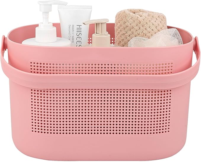 UUJOLY Plastic Storage Baskets with Handles, Shower Caddy Shelf Organizers Basket for Bathroom, Kitchen, Dorm Room, Pink
