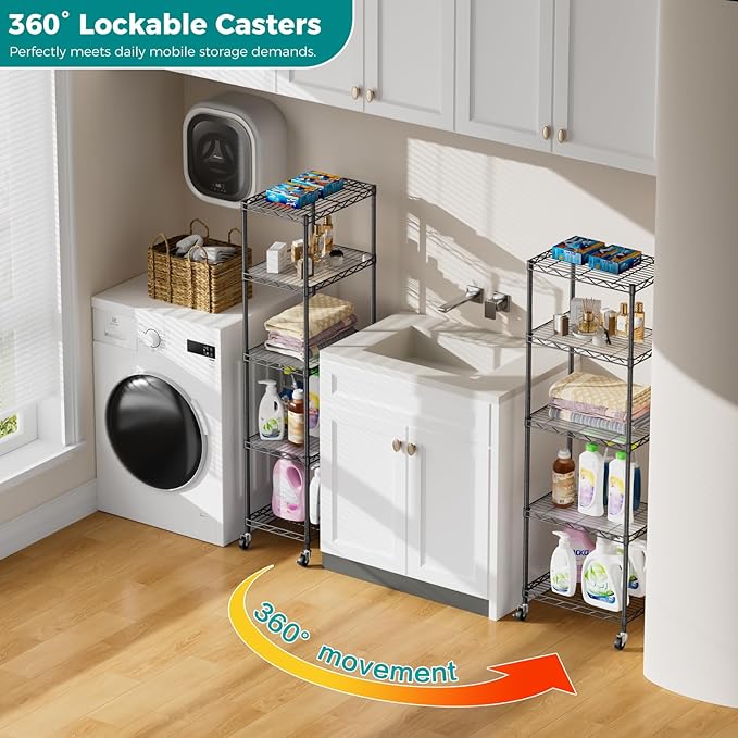 SINGAYE 5 Small Shelf Storage Wire Shelves Closet Bathroom Organizers Metal Pantry Kitchen Garage Shelving Unit Laundry Room Organization Home Narrow Rack Net Basket with Wheels Black