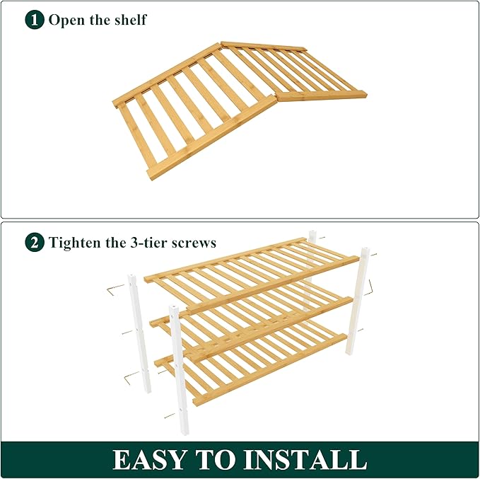 Smiry Bamboo Shoe Rack for Closet, 3 Tier Wooden Shoe Organizer, Stackable Wood Shoe Storage Shelf for Entryway, 14 Vertical Slats, One-piece Heavy-Duty Legs, 26.77"x11.02"x18.31", Natural & White