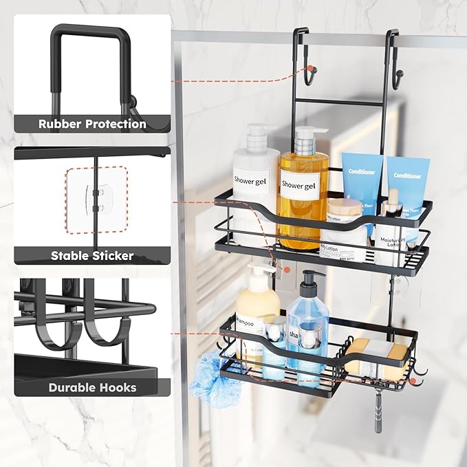 Consumest Over Door Shower Caddy - 2 Tier Shower Shelves Hanging with Soap Holders, Large Capacity Shower Organizer with 4 Hooks, Bathroom Rack and Storage, Black