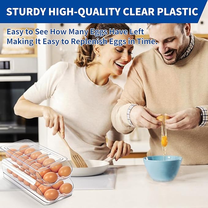 MesRosa Egg Holder for Fridge, Automatic Rolling Egg Organizer for Refrigerator, Clear Plastic Egg Container & Tray, Stackable Dispenser and Storage Bin with Sturdy Lid to Saving Space -3 Layer
