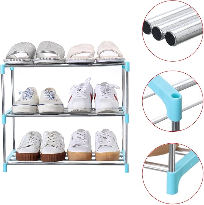 Jucaifu Stackable Small Shoe Rack, Entryway, Hallway and Closet Space Saving Storage and Organization (3-Tier, Blue)