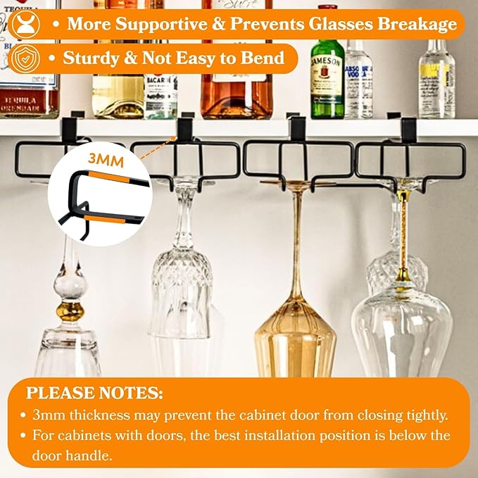 LINFIDITE Wine Glass Holder 2PCS Stemware Rack Hanger Under Cabinet Wine Glass Rack Kitchen Hanging Storage Rack Organizer,Black (For Partition Thickness under 1.18")