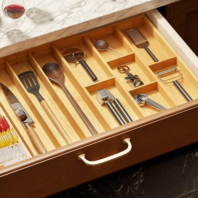 Bamboo Utensil Drawer Organizer with Labels