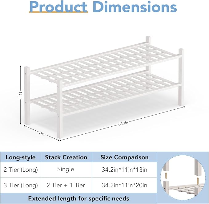 Haddockway Long 2 Tier Bamboo Shoe Rack Storage Organizer, Multifunctional Free Standing Stackable Shoe Shelf with Grid Panel for Closet,Hallway,Entryway,Small Space 34.2"x11"x13"
