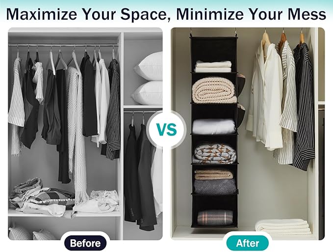 Hanging Closet Organizers and Storage, 6-Shelf Hanging Closet Shelves, Black