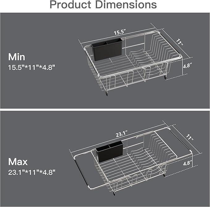 Over the Sink Expandable Dish Drainer Drying Rack In Stainless Steel for Small Kitchen, Counter Space Saving Modern Compact Metal Above Plate Dryer Strainer, Adjustable Hanging Inside Drain Holder