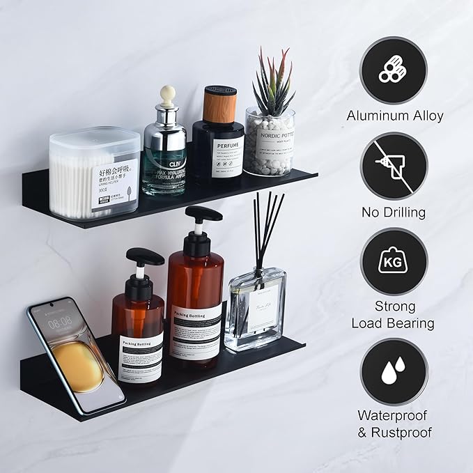 Black Shower Shelves Rustproof & Waterproof, 40cm Adhesive Shower Caddy 2 Pack
