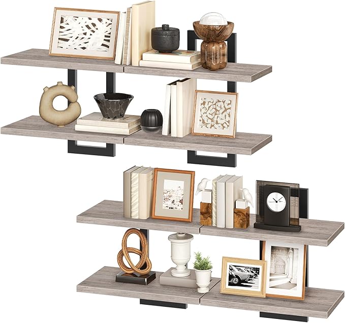 Floating Shelves, 15 Inch Wall Shelf Set of 4, Greige and Black BG32BJP401