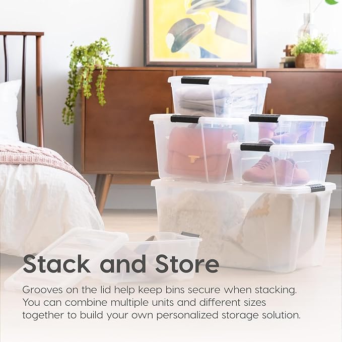 USA 32 Qt Stackable Plastic Storage Bins with Lids, 4 Pack, BPA-Free, Clear