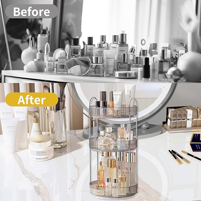 360 Rotating Makeup Organizer, Grey-3 Tier