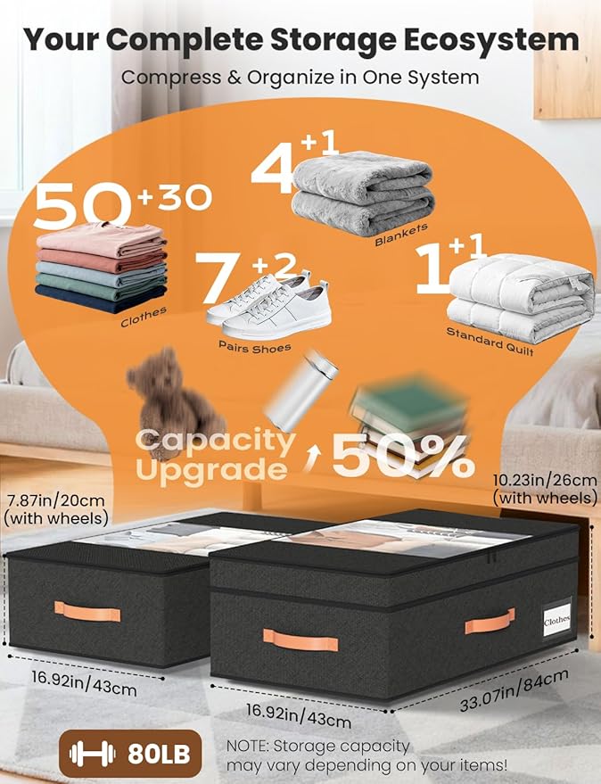 TOSKING 2-Pack Under Bed Storage Drawers with Wheels, 6 Vacuum Bags, Adjustable Height 7.9-10.2", Large 90L/80 lbs Clear Lid, 900D Oxford, Space Saver for Dorm Bedroom, Blankets, Clothes, Shoes, Black