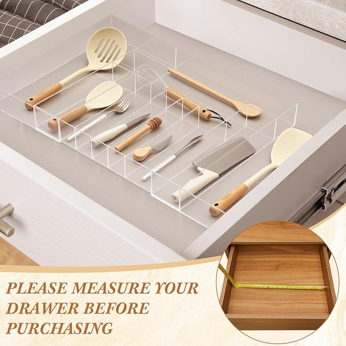 Teenyyou 1 Pack Expandable Kitchen Drawer Organizer Clear Acrylic Utensil Organizer Adjustable Acrylic Silverware Storage for Drawers Silverware Flatware Knives (18.5 x 17.4 Inches,9-11 Compartments)