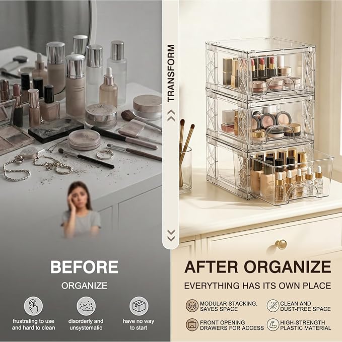 OUTUXED Under Bathroom Sink Organizer Stackable Storage Drawers 4.4in Small Acrylic Medicine Cabinet Bins, Simply Assembled Box Containers for Cosmetics, Bathroom, Kitchen, Snack(4 Pack)