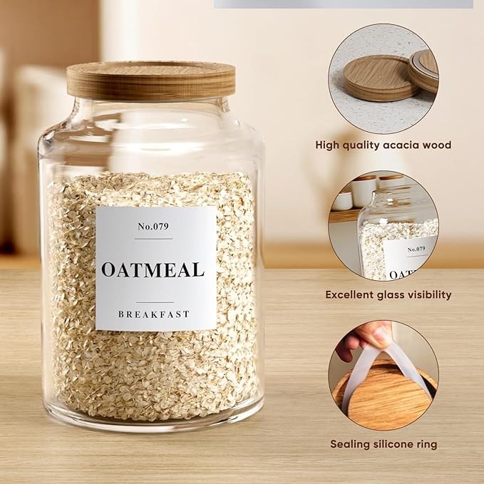 2 PCS Flour Sugar Storage Containers Glass, Large Glass Food Storage Jars with Wood Airtight Lids, 132 Pantry Labels and 2 spoon for Coffee, Flour, Sugar, Spice (70 oz/2000 ml)