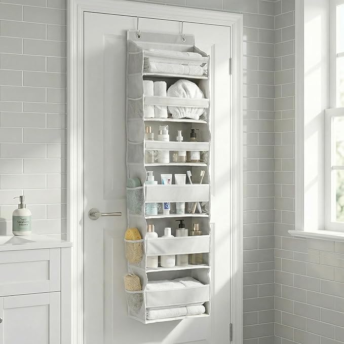 Over The Door Hanging Organizer, 6 Tier Closet Organizers and Storage with Mesh Side Pockets, Clear Window Door Shoe Organizer for Bathroom, Bedroom, Dorm, Yarn, Towel, and Accessory Storage