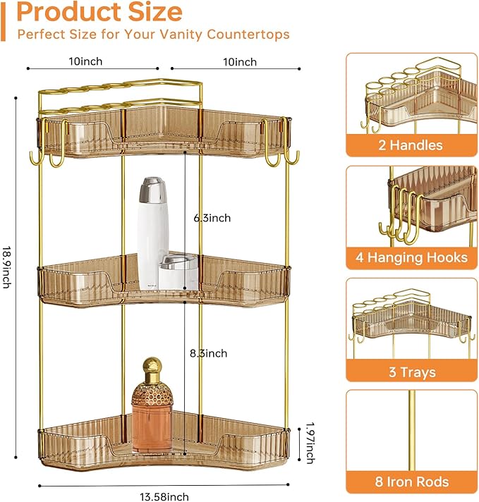 3-Tier Corner Bathroom Counter Organizer，Makeup & Skincare Shelf with Built-in Brush Holder，Space-Saving Bathroom Countertop Organizer for Skincare, Perfume, Cosmetics(Amber)