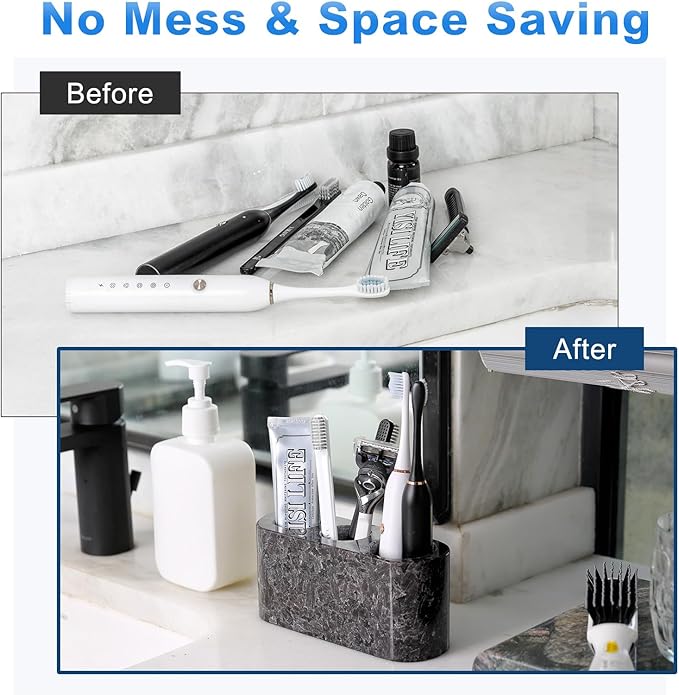 BCS Toothbrush Holder for Bathrooms, 3 Slots Marble Toothbrush Organizer, Makeup Brush Stand Toothbrush Storage Collection for Bathroom Countertop Vanity Organization - Marron Bahia
