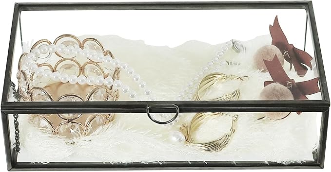 HighFree Vintage Glass Box with Lid - Clear Jewelry Glass Display Box Keepsake Box - Home Decor Decorative Box for Trinket Rings Bracelet (Black, Medium)