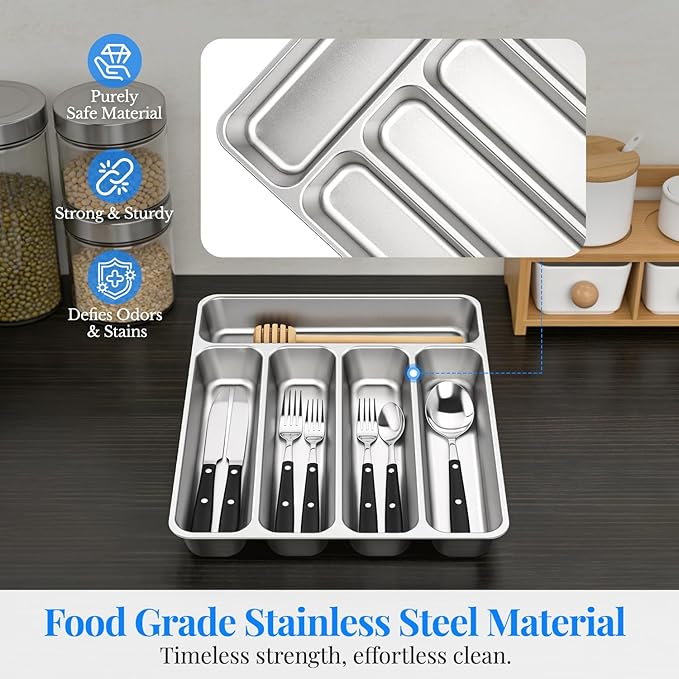 IKOCO Silverware Organizer Stainless Steel Utensil Drawer Organizer with 5 Compartments for Kitchen, Dishwasher Safe, Holds Spoons Forks Knives (13.8" x 11.4" x 1.6", Silver)
