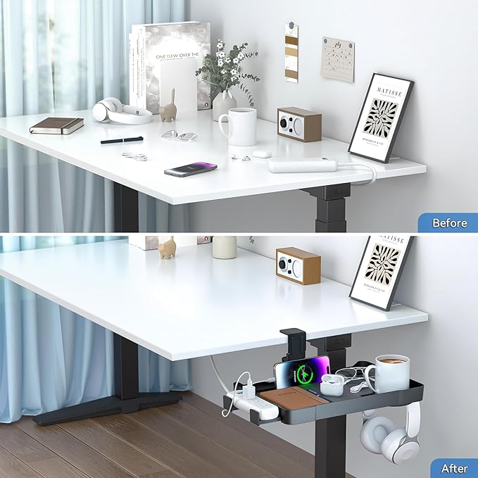 Under Desk Organizer, 360° Rotating Clamp-On Tray with Headphone Hook