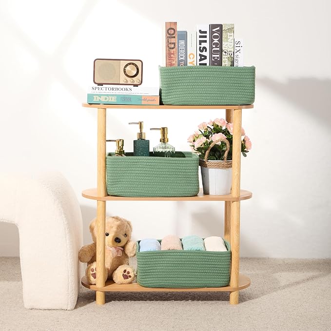 MiniArk Small Storage Baskets for Organizing | Closet Organizer Bins | Shelf Toy Basket | Woven Rope Baskets | Cube Decorative Box | Shallow Basket | 13x8.5x5.1” | 4 Packs Green