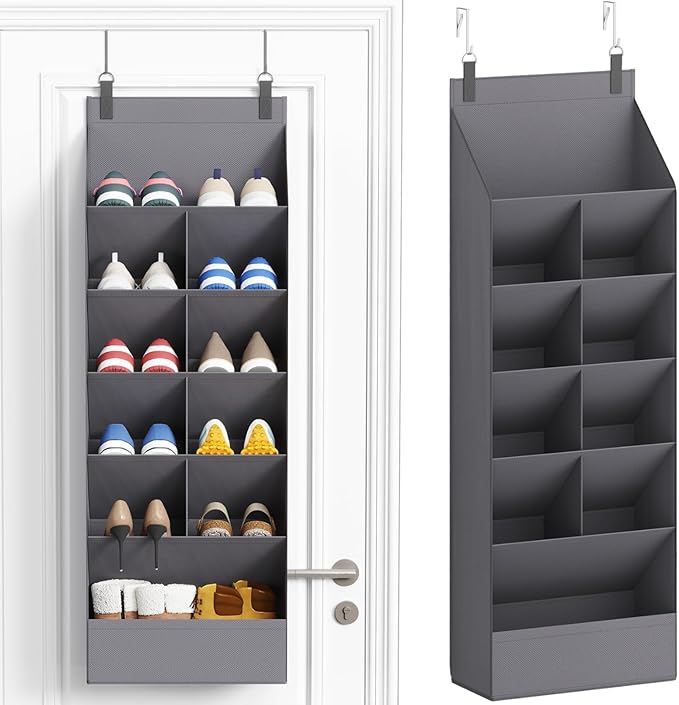 6 Tier Over the Door Shoe Organizer with 11 Large Deep Pockets, Gray