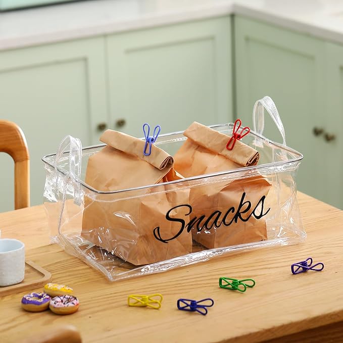 Newtay 17 Pcs Snack Basket Sets, Snack Storage Bin for Pantry Shelves with 16 Pcs 2 Inch Chip Clips, Basket Organizer for Kitchen Home, Chips, Popcorn, Candy, Pretzels (PVC,Clear)