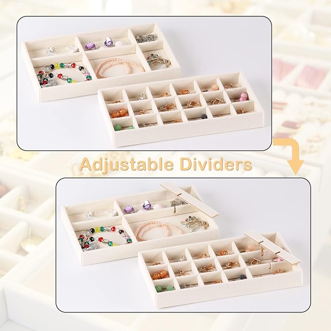 4-Set Jewelry Organizer for Drawer, Stackable Velvet Jewelry Trays with Removable Dividers, Earring and Necklace Holder for Dresser, Perfect as a Vanity Tray for Women