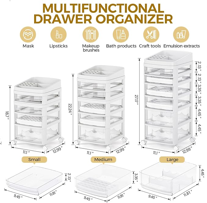 Rolling Cart with 6 Drawers, Clear Plastic Drawer Organizers, Dust Proof Under Desk Storage for Makeup, Skincare, Art Crafts and Baby Items, Acrylic Cosmetic Organizer with Dividers, Vanity Cart