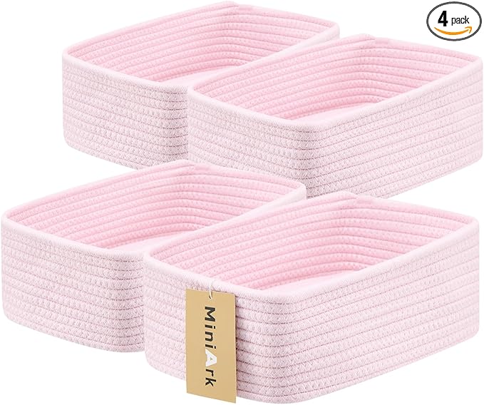 MiniArk Small Storage Baskets for Organizing | Closet Organizer Bins | Shelf Toy Basket | Woven Rope Baskets | Cube Decorative Box | Shallow Basket | 11.5x7.5x4.7” | 4 Packs Light Pink