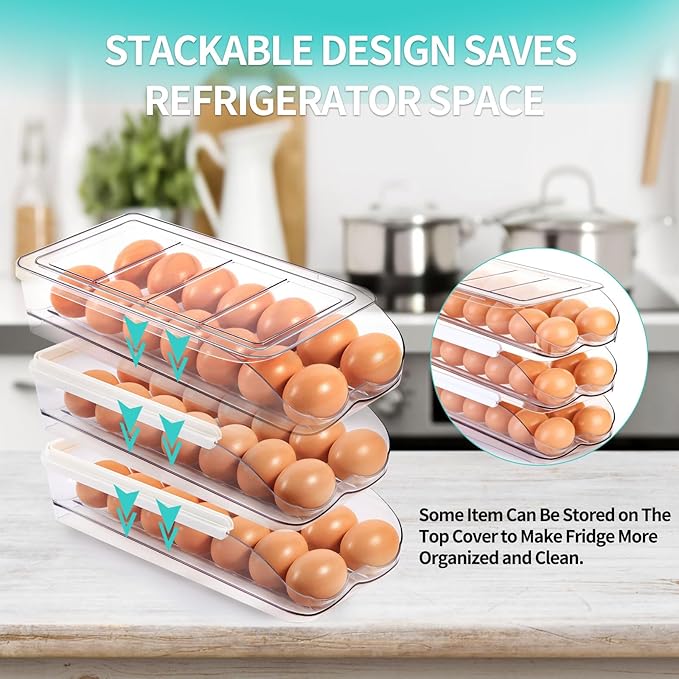 RoskDeewat Egg Holder for Fridge, Automatically Rolling Egg Container for Refrigerator, Clear Plastic Fridge Organizers and Storage with Lid, Stackable Egg Dispenser & Tray (3 Tier)