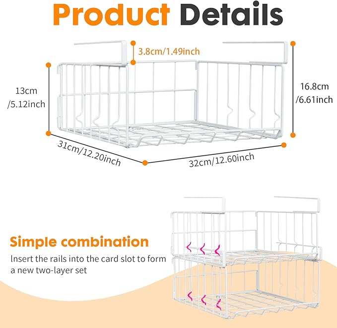 Under Shelf Basket Storage, Steel Under Shelf Hanging Wire Baskets Shelves for Laundry Room Kitchen Desk Pantry Bookshelf (White, 2 Pack)