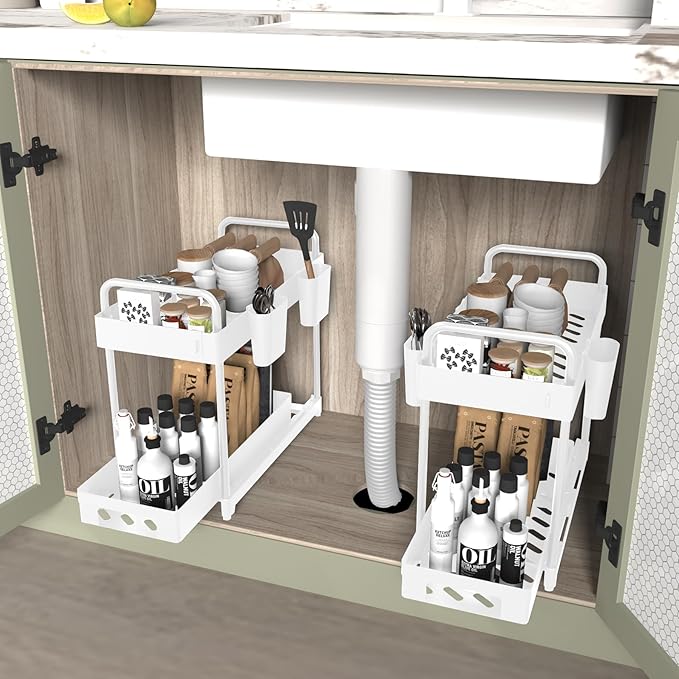 2 Pack Double-Layer Under Sink Organizer for Efficiently Utilizing Space, White