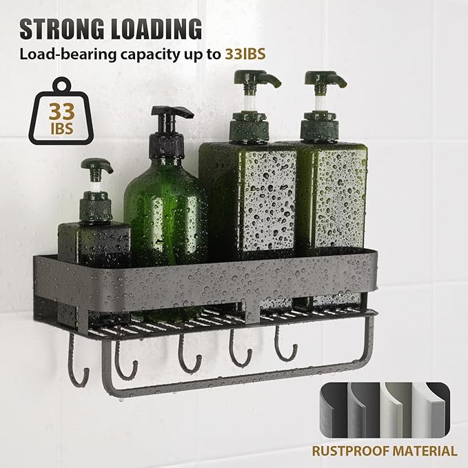 Adhesive Shower Caddy, 11.8 inch Stainless Steel Shower Shelves for Inside Shower with Hooks & Towel Bar-No Drilling(Gun Gray)