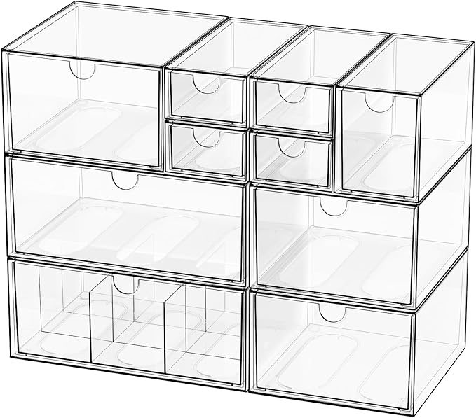 Desk Organizer Set, Clear Stackable Dustproof Storage Boxes for Desktop, Office, DIY Craft & Vertical Space Saving, Perfect for Makeup, Stationery, Jewelry Organization (10 Drawer)