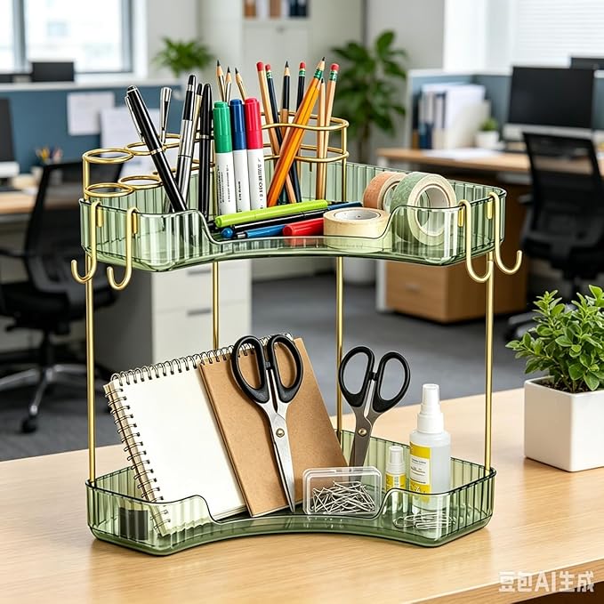 2-Tier Corner Bathroom Counter Organizer，Makeup & Skincare Shelf with Built-in Brush Holder，Space-Saving Bathroom Countertop Organizer for Skincare, Perfume, Cosmetics(Green)