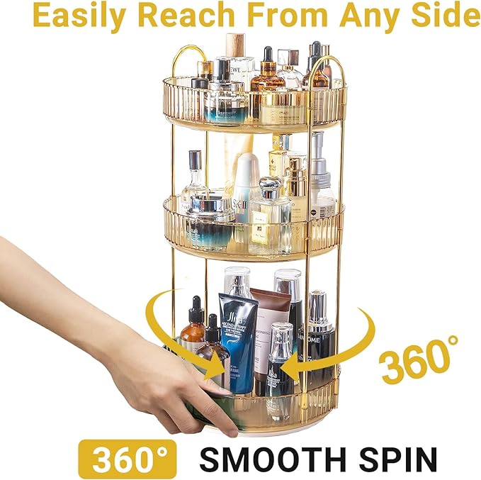360 Rotating Makeup Organizer for Vanity, 3 Tier Large Capacity Vanity Storage