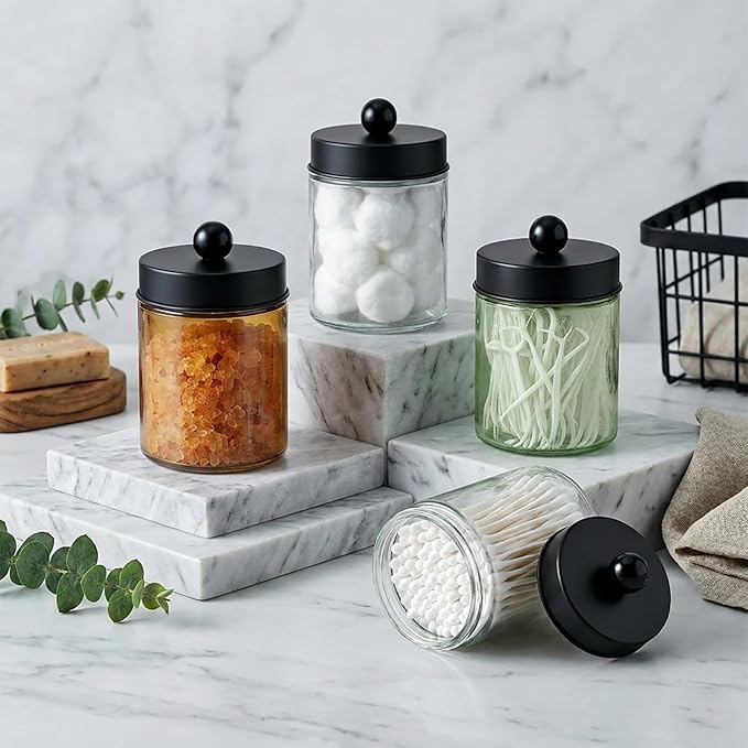Amolliar 4 Pack Apothecary Jars Bathroom Vanity Storage Organizer Set -Countertop Canister with Stainless Steel Lids &Stickers Qtip Dispenser Holder for Cotton Swab (Green-black Lid)