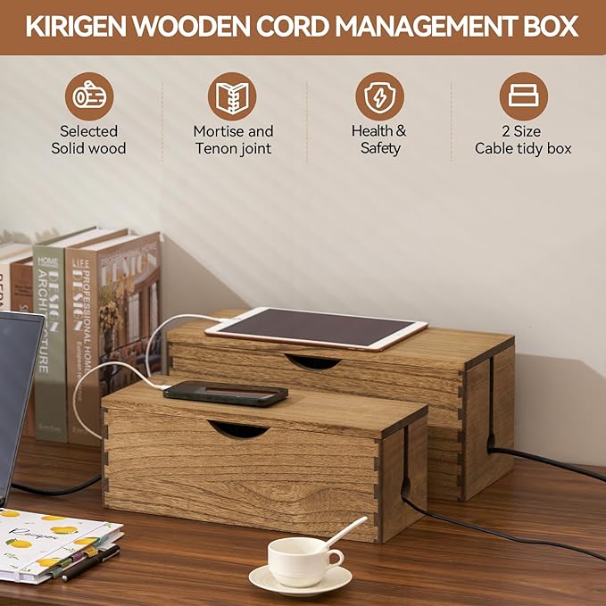 KIRIGEN Wooden Cable Management Box Set of 2 - Solid Wood Large & Small Cord Organizer Hides Power Strips, Chargers & Wires for Desk, TV Stand, Home Office Brown DXH2T-DBR