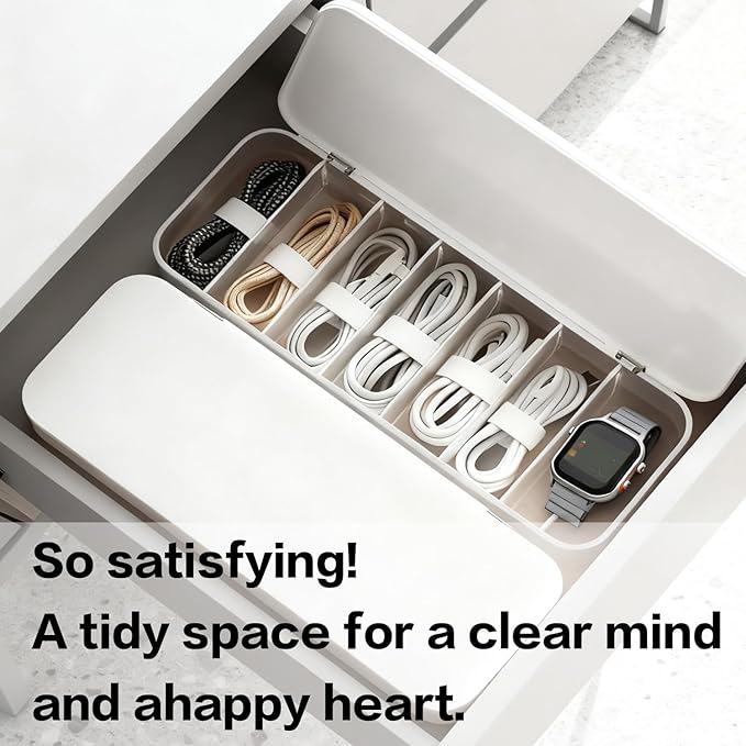 Cable Organizer Box with 7 Wire Ties, 2 Pack Desktop Cord Management Storage Case with Lid, 7 Compartments for Chargers Cables for Office Home Desk Accessories Cords (White)
