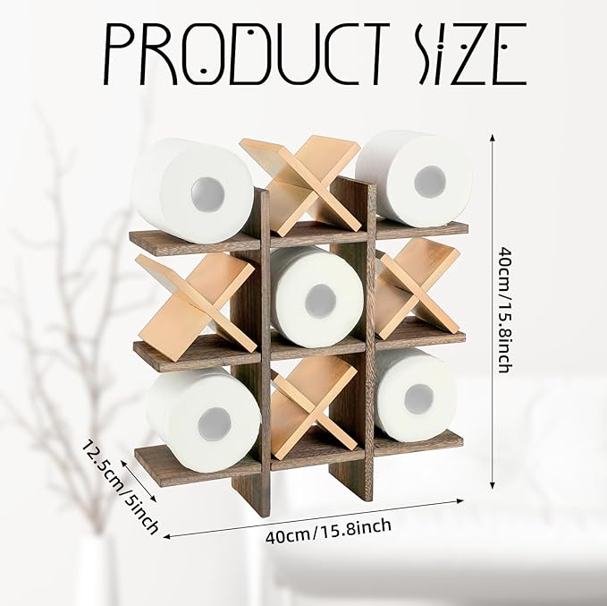 Weysat Tic Tac Toe Toilet Paper Holder Stand Bathroom Wall Decor Rustic Wooden Hanging Storage Freestanding Wall Mounted Shelves Decor for Toilet Tissue Farmhouse
