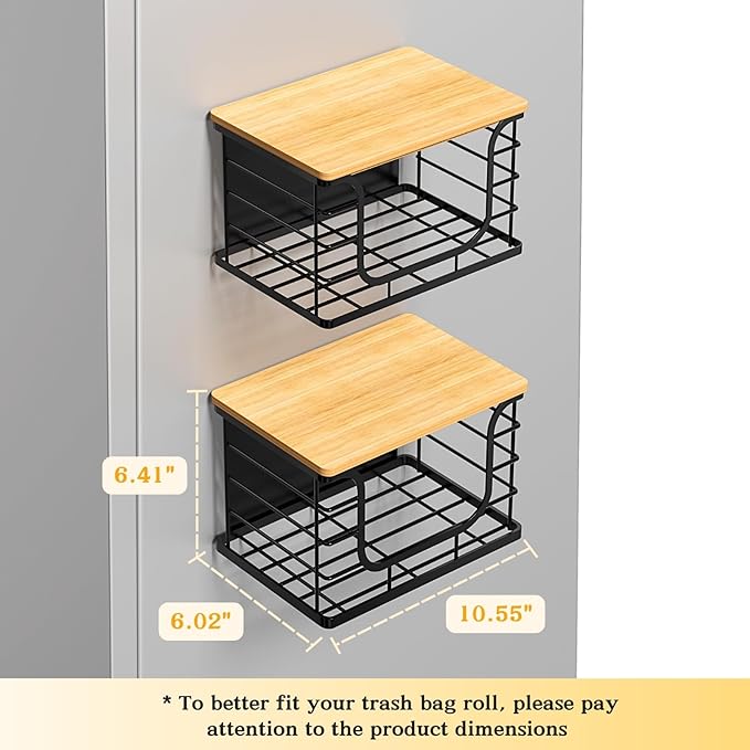 Ofiray-home Magnetic Shelf for Fridge Trash Bag Storage, 1 Pack Stackable Garbage Bag Holder with Bamboo Lid, Magnetic Storage Bin for Refrigerator, Under Sink, Kitchen Pantry Organization – Black