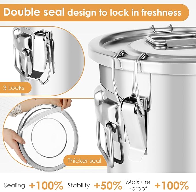 304 Stainless Steel Food Containers with Lids,12L/20LBS Airtight Food Storage Containers with Lock Clips for Flour Rice Sugar Coffee Bean,Stainless Steel Food Storage Containers for Kitchen