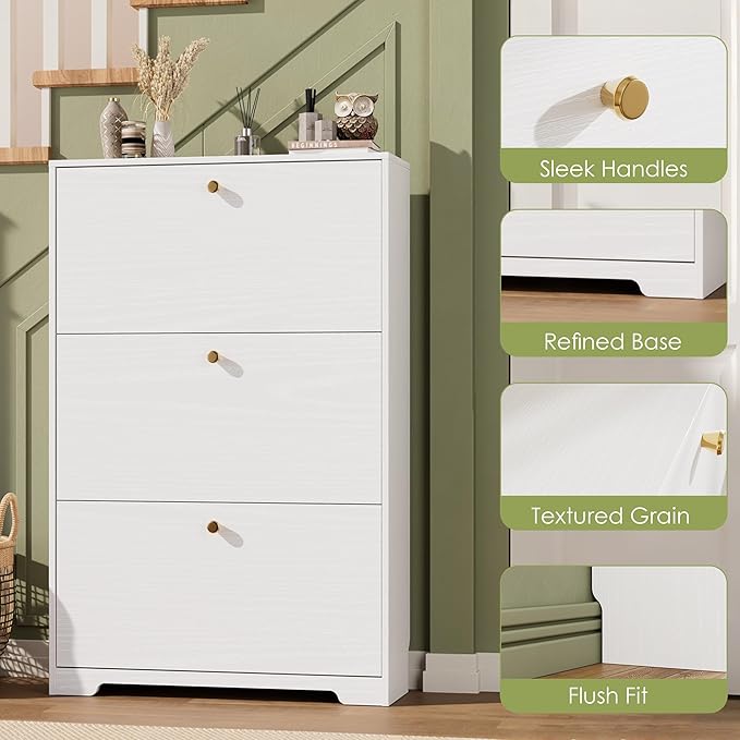 Nicetree Shoe Cabinet with 3 Flip Drawers, Narrow Shoe Organizer Cabinet, Freestanding Shoe Rack Cabinet, Morden Shoe Storage Cabinet for Entryway, Hallway, Foryer, White