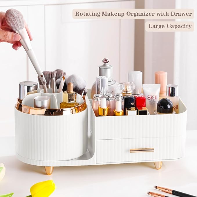 Rotating Makeup Organizer for Vanity with Brush Holder and Drawer, White