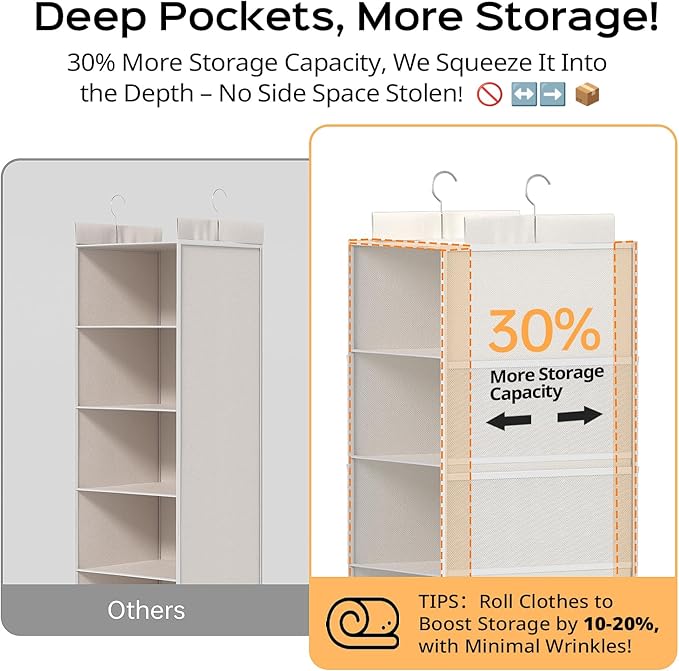 Extra Deep Hanging Closet Organizer with Shelves and Oversized Mesh Pockets